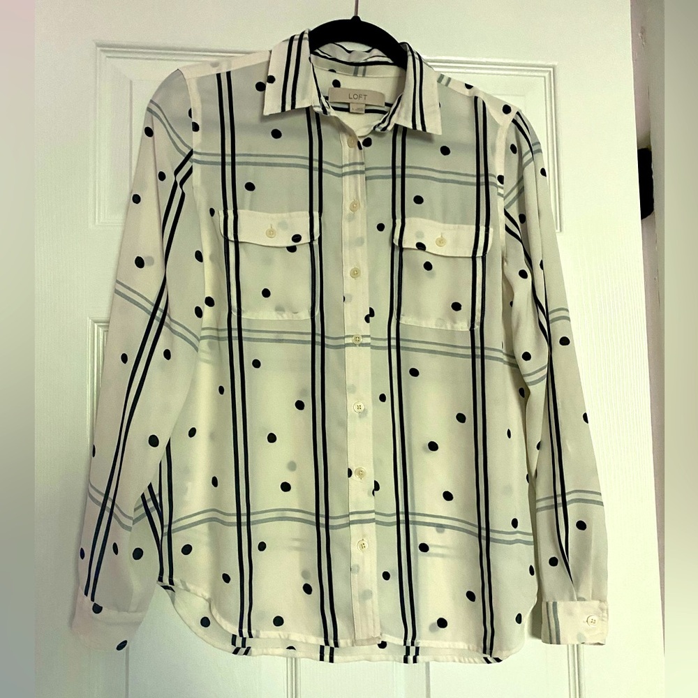 Loft Polka Dot Striped Long Sleeve Silk-like Feel Size Small